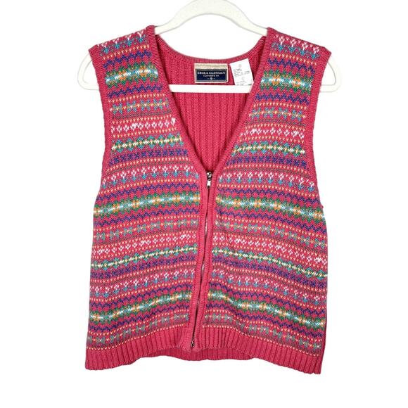 Vintage 80s Erika Classics Knit Sweater Vest Sleeveless Multi Pattern Pink Sz L - Picture 1 of 9